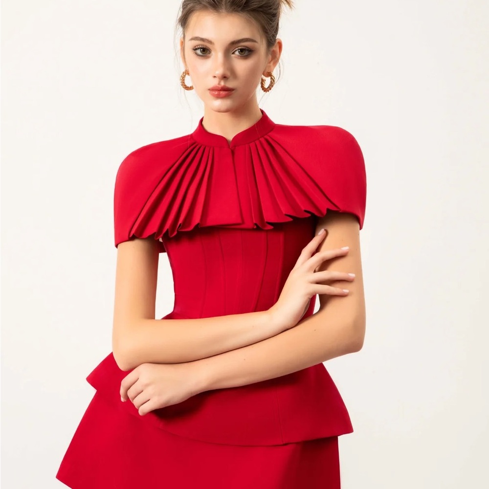 Chic Scarlet Red Mini Dress with Pleated Cape (3 piece set)
